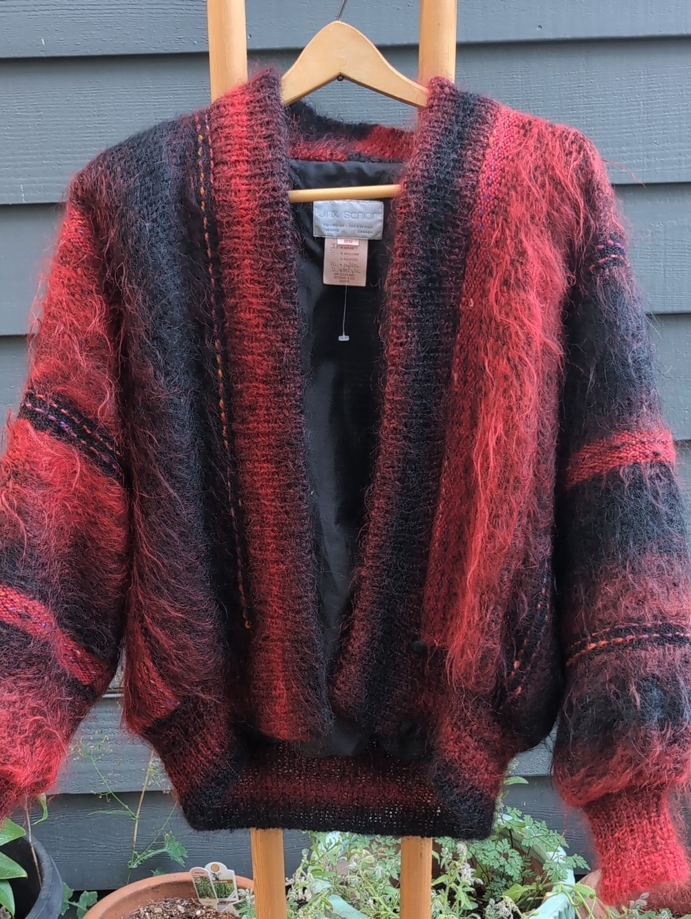 Vintage Jinx Senior Mohair Wool Red & Black Fuzzy Teddy Jacket Double Breasted